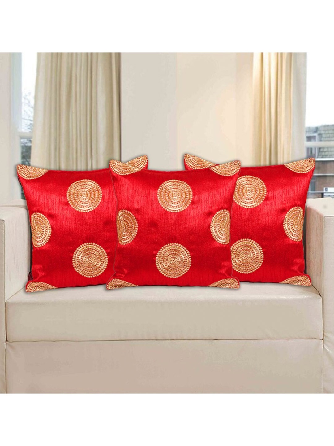 

INDHOME LIFE Red & Gold-Toned Set of 3 Embroidered Square Cushion Covers