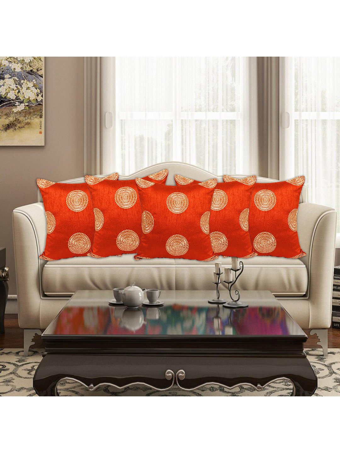 

INDHOME LIFE Orange & Gold-Toned Set of 5 Embroidered Square Cushion Covers