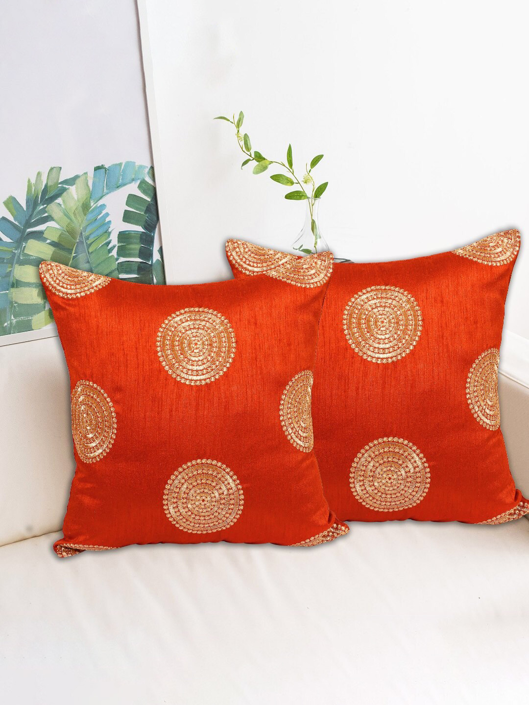 

INDHOME LIFE Maroon & Mustard Set of 2 Embroidered Square Cushion Covers