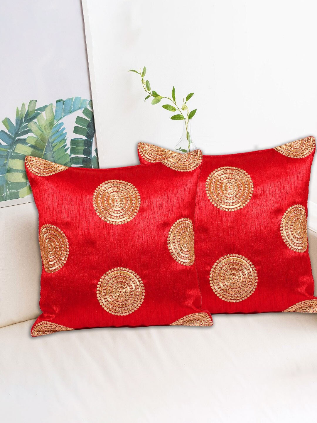 

INDHOME LIFE Red & Gold-Toned Set of 2 Embroidered Square Cushion Covers