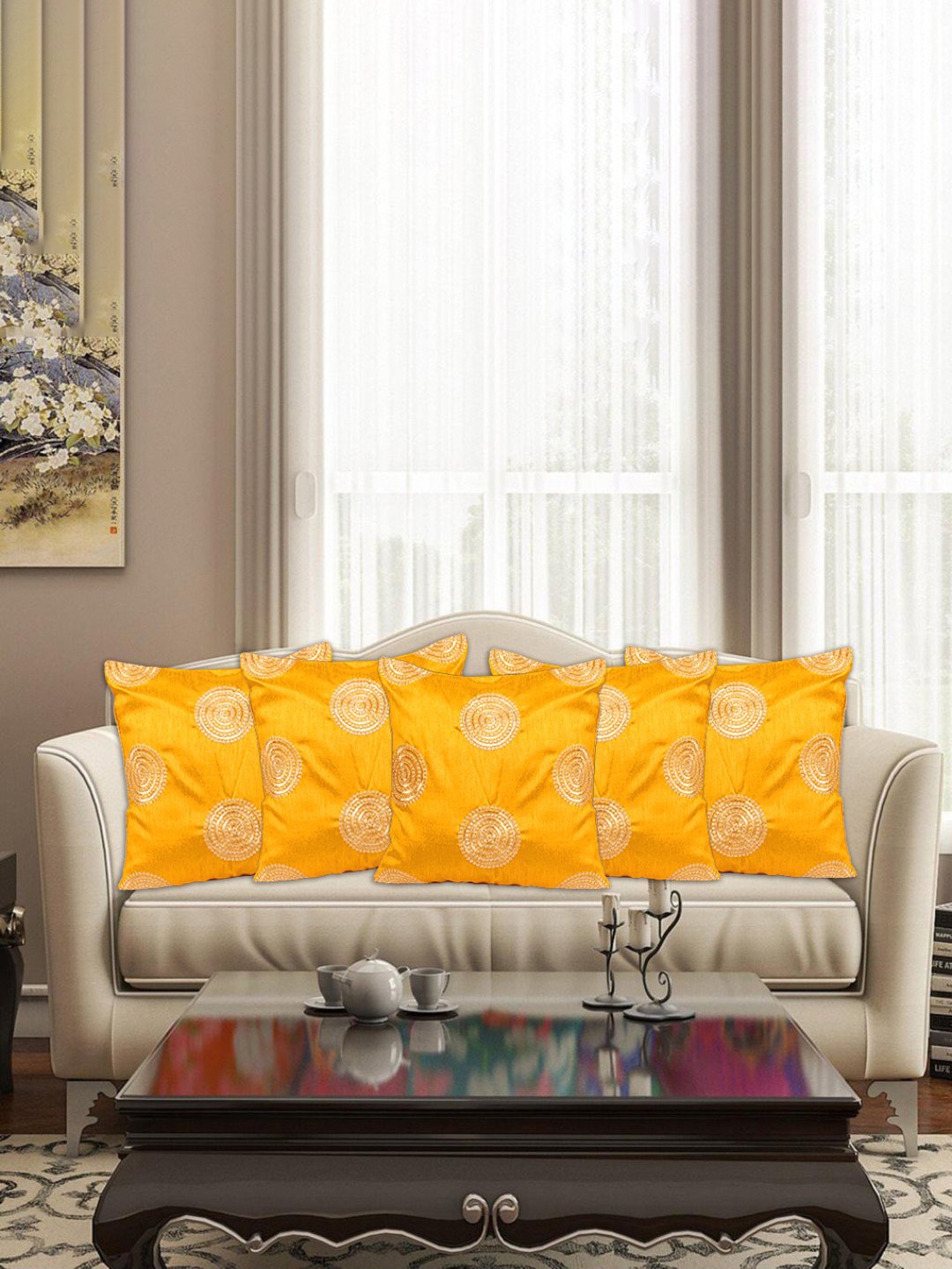 

INDHOME LIFE Yellow & Gold-Toned Set of 5 Embroidered Square Cushion Covers