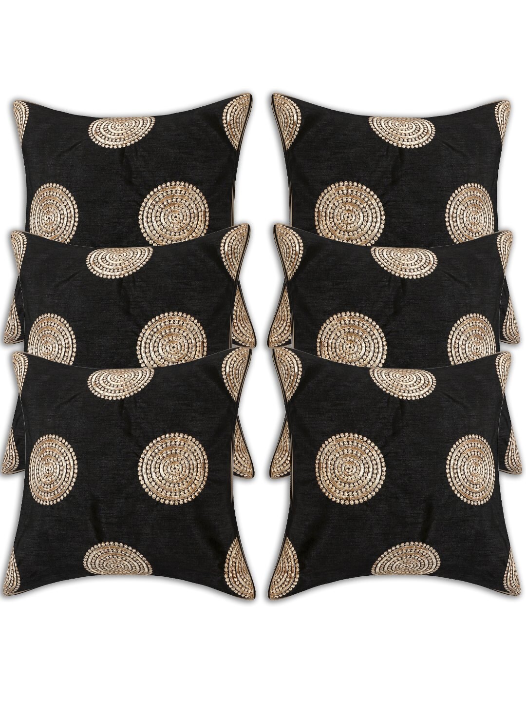 

INDHOME LIFE Black & Gold-Toned Set of 6 Embroidered Square Cushion Covers