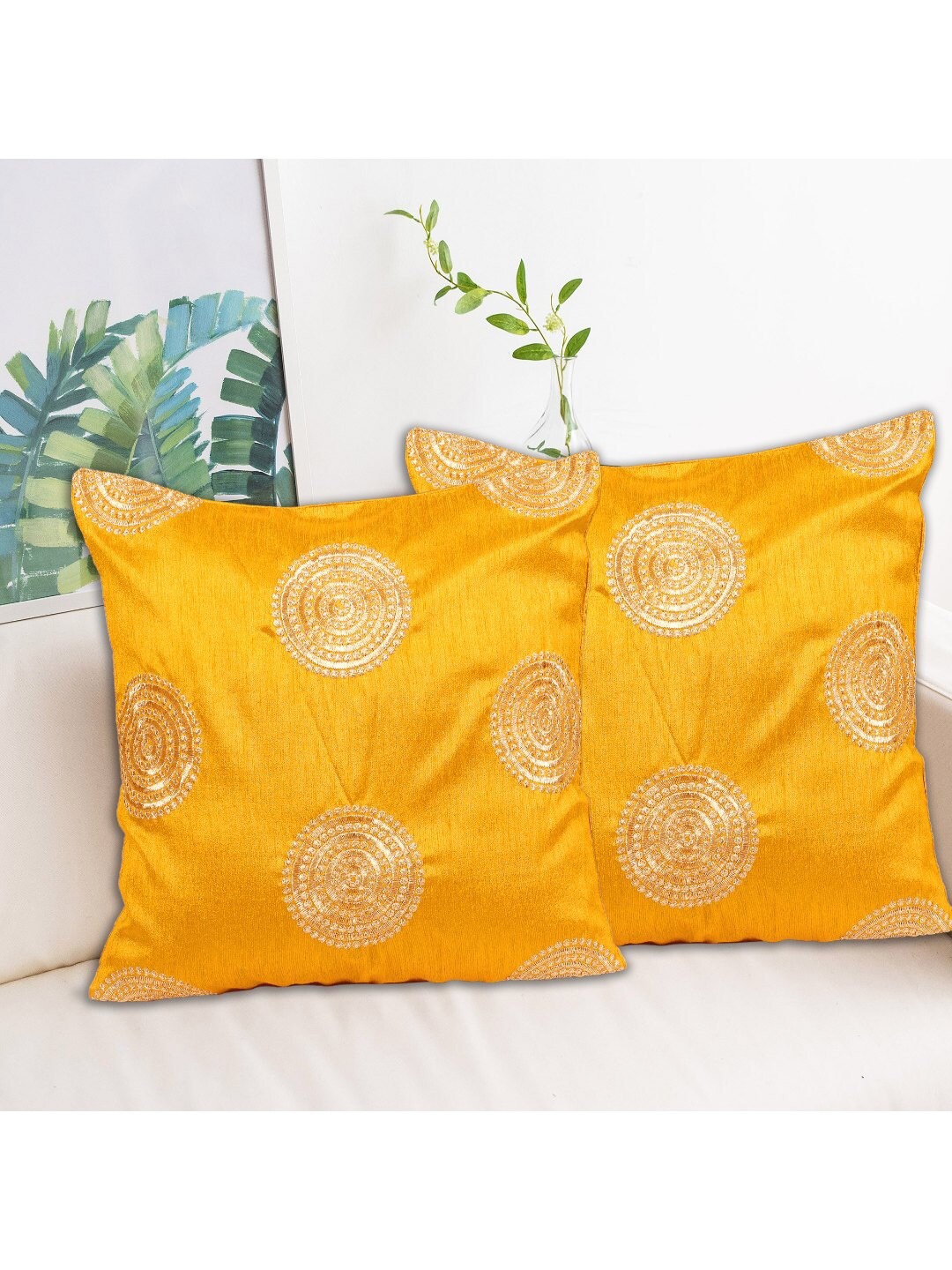 

INDHOME LIFE Yellow & Gold-Toned Set of 2 Embroidered Square Cushion Covers
