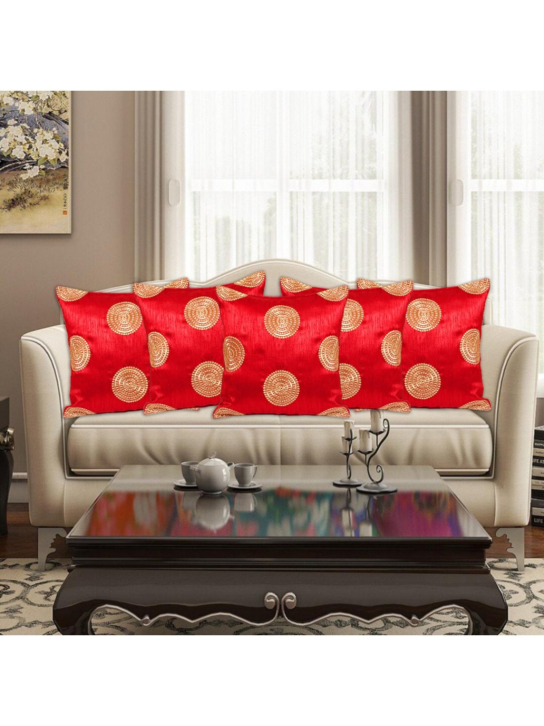 

INDHOME LIFE Red & Gold-Toned Set of 5 Embroidered Square Cushion Covers