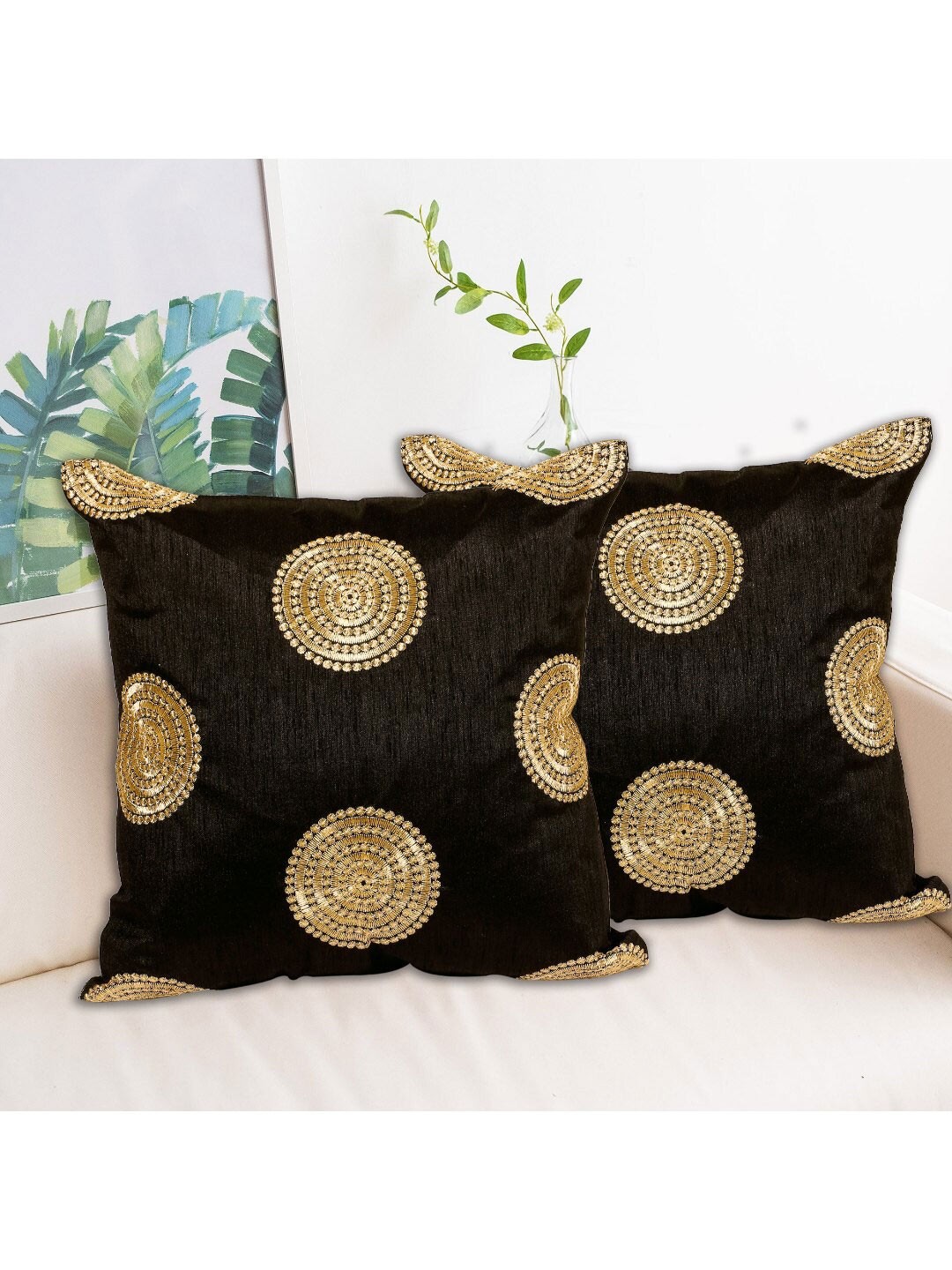 

INDHOME LIFE Black & Gold-Toned Set of 2 Embroidered Square Cushion Covers