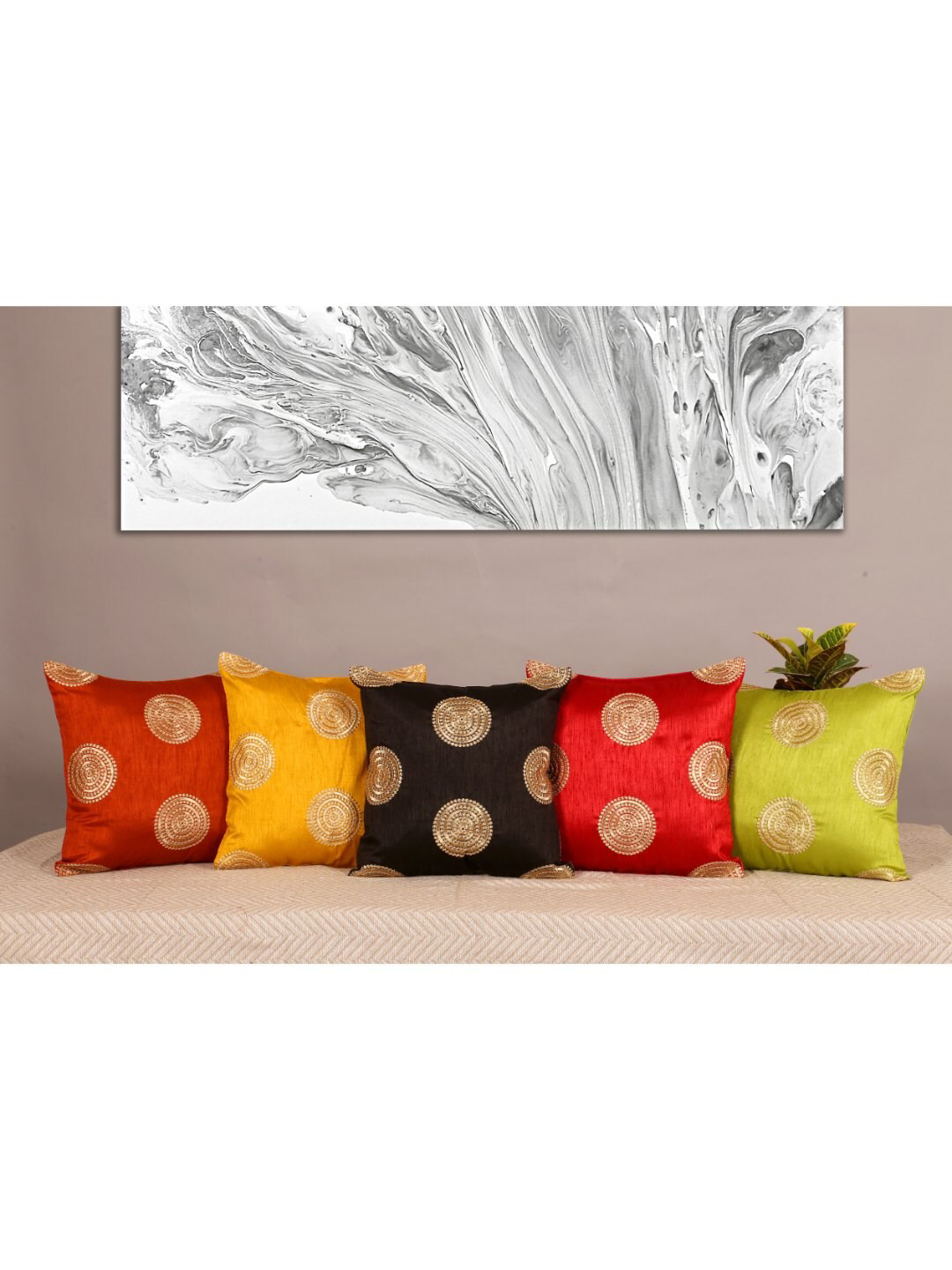

INDHOME LIFE Red & Yellow Set of 5 Embroidered Square Cushion Covers