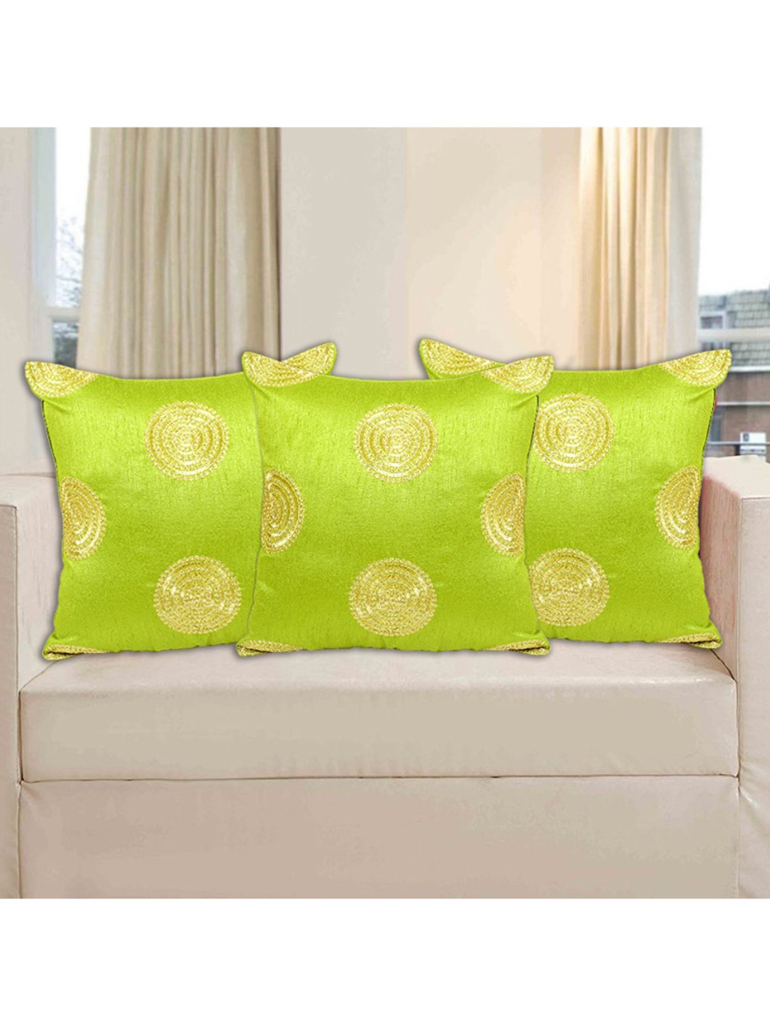 

INDHOME LIFE Green & Gold-Toned Set of 3 Embroidered Square Cushion Covers