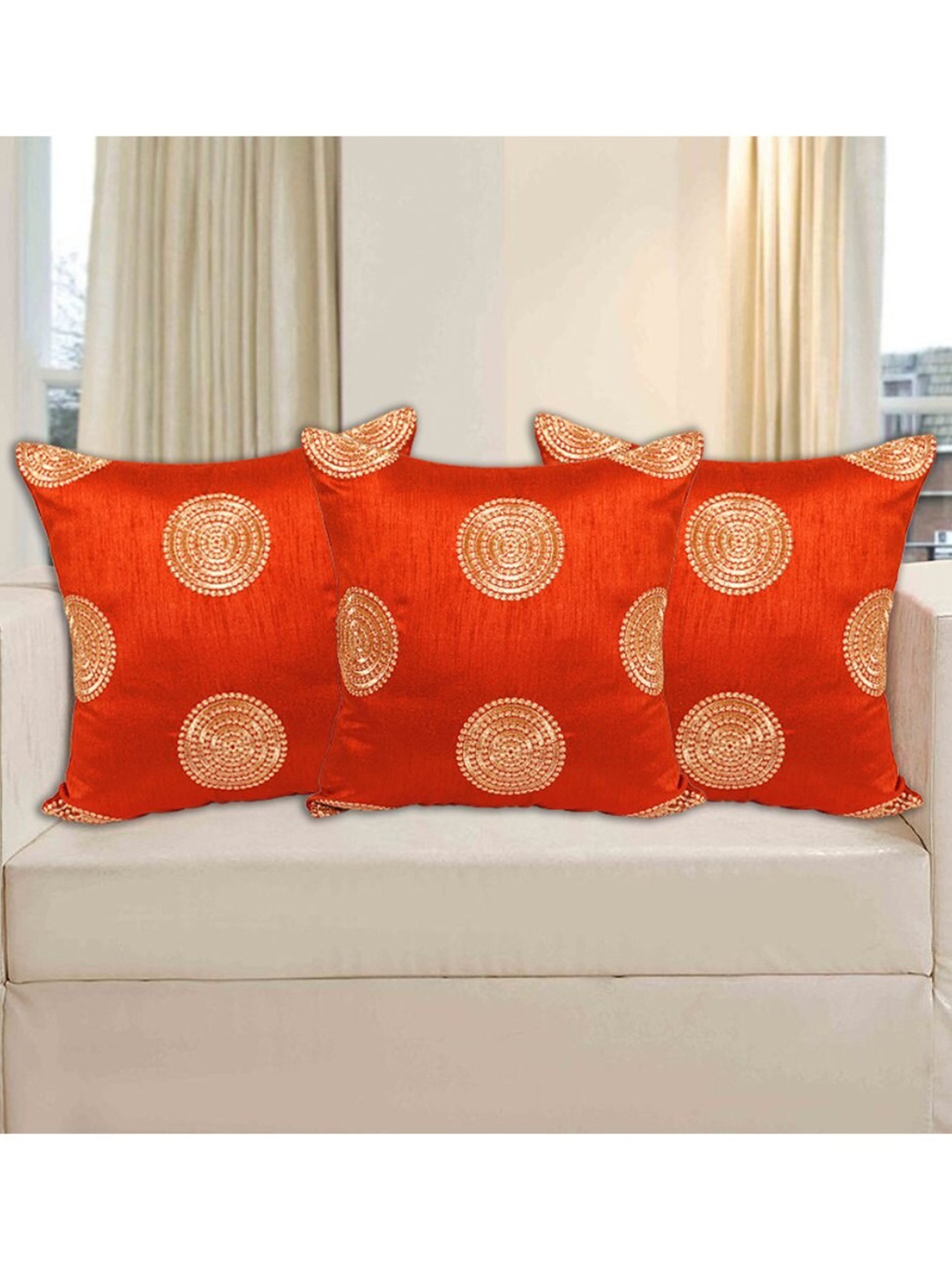 

INDHOME LIFE Red & Gold-Toned Set of 3 Embroidered Square Cushion Covers