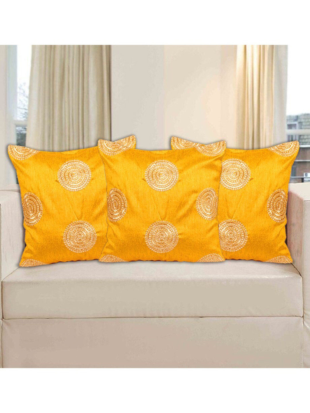 

INDHOME LIFE Yellow & Gold-Toned Set of 3 Embroidered Square Cushion Covers