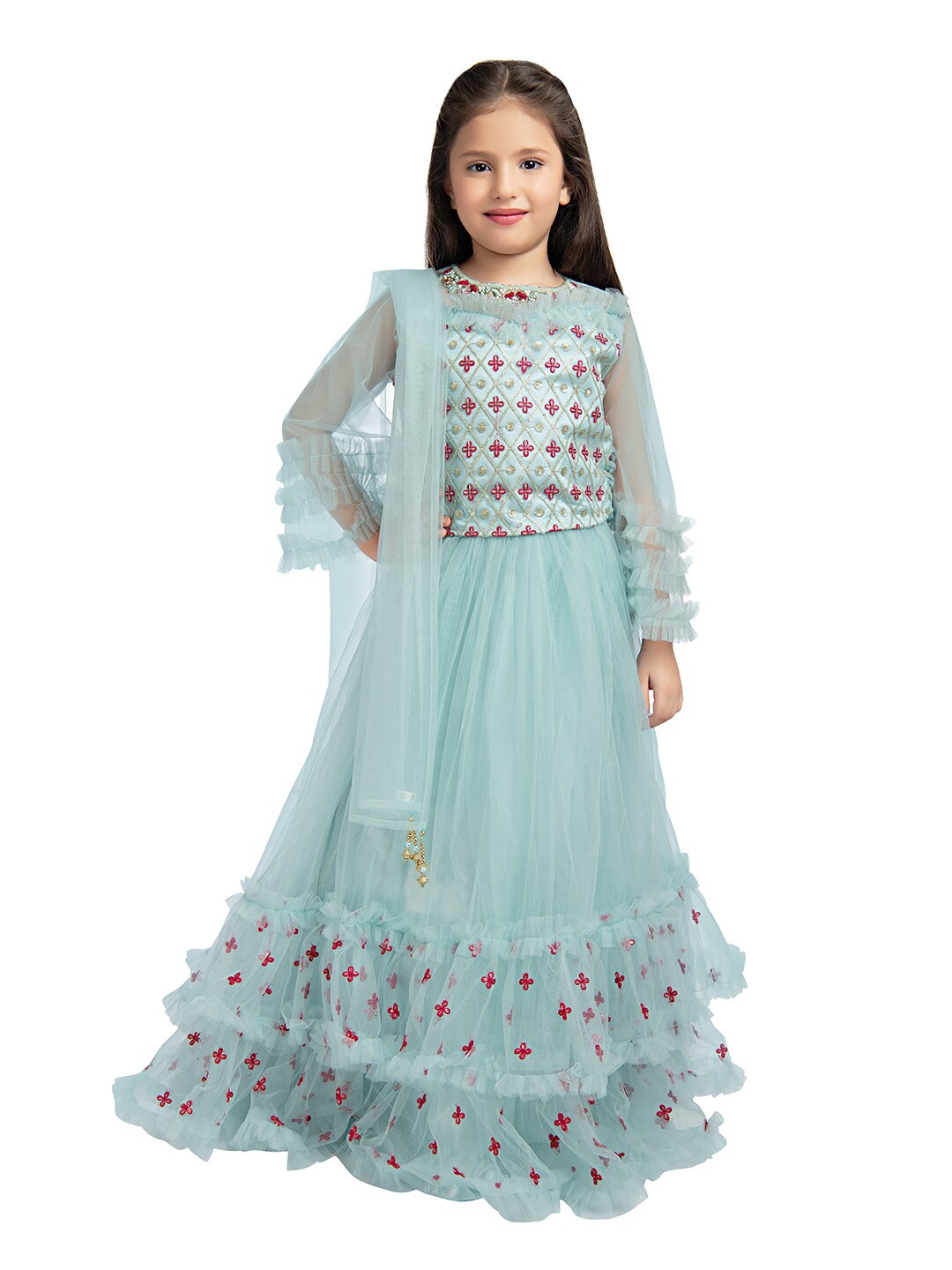 

BETTY Girls Blue & Pink Embroidered Ready to Wear Lehenga & Blouse With Dupatta