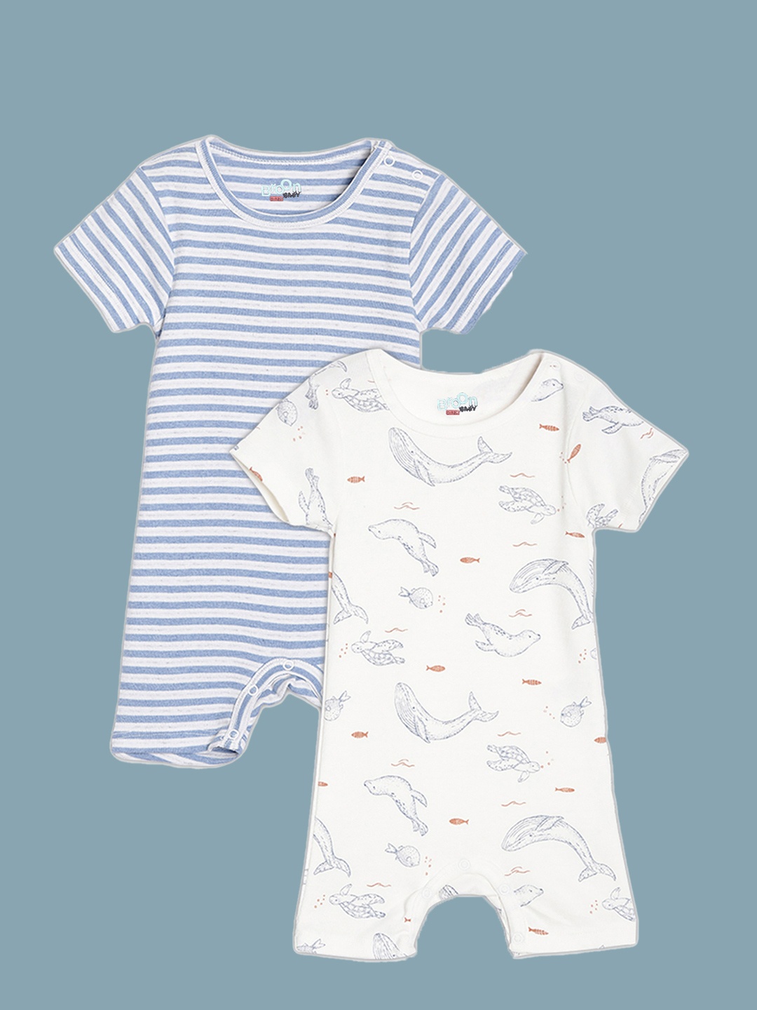 

Broon Boys Pack Of 2 Blue & Off-White Printed Pure Organic Cotton Rompers