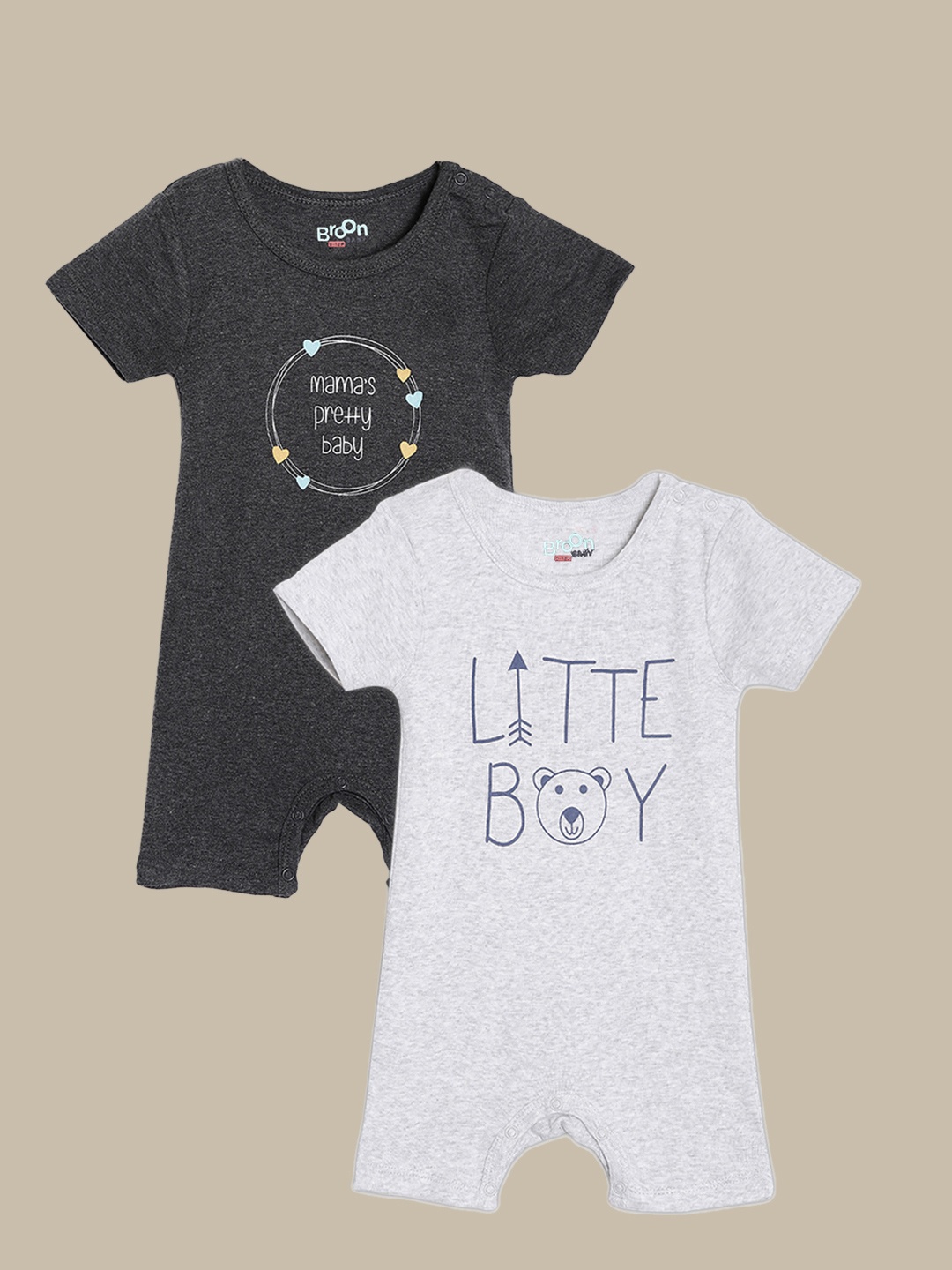 

Broon Infant Boys Black and Grey Printed Pure Organic Cotton Pack of 2 Rompers