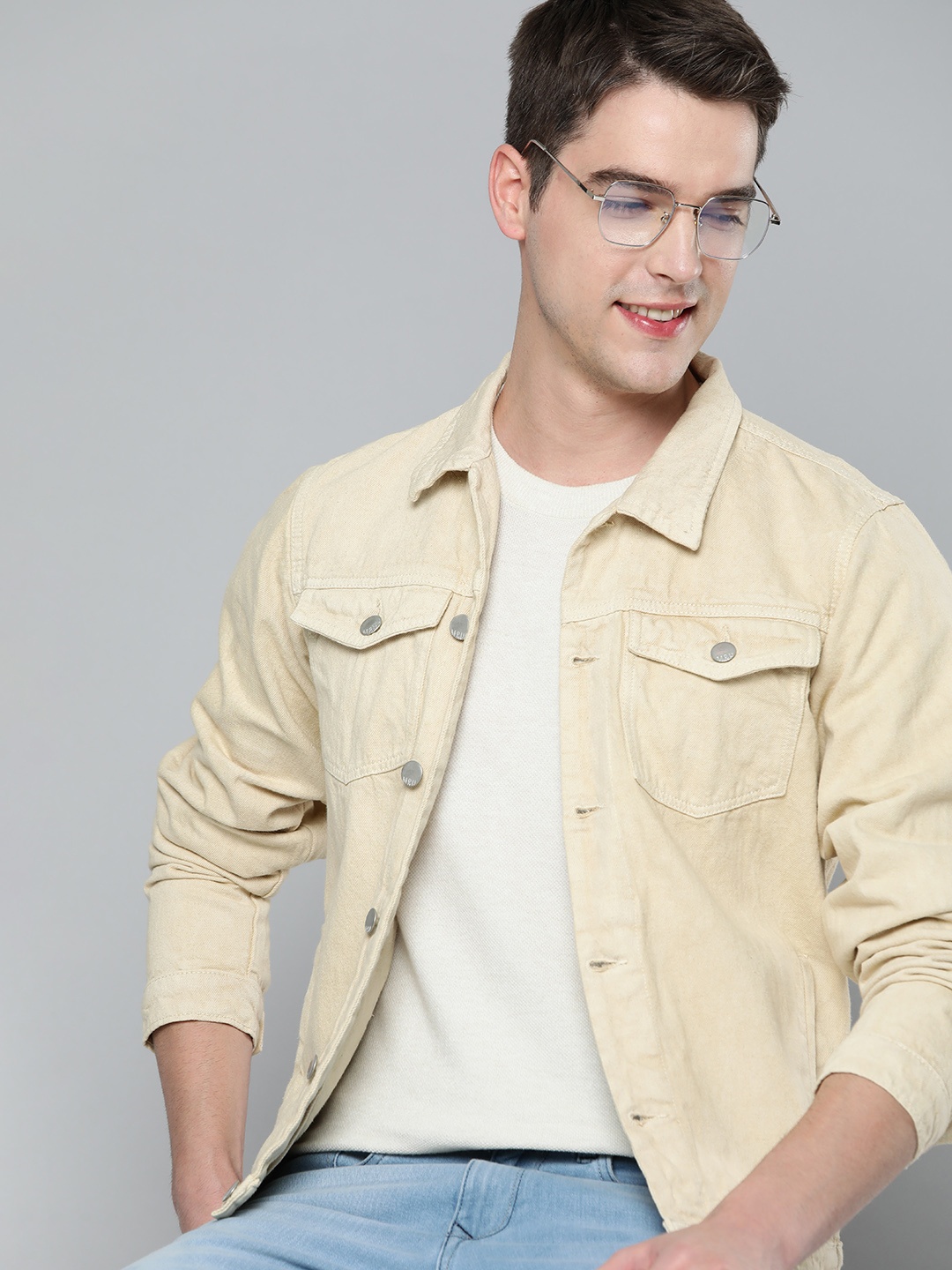 

Mast & Harbour Men Beige Solid Pure Cotton Denim Jacket