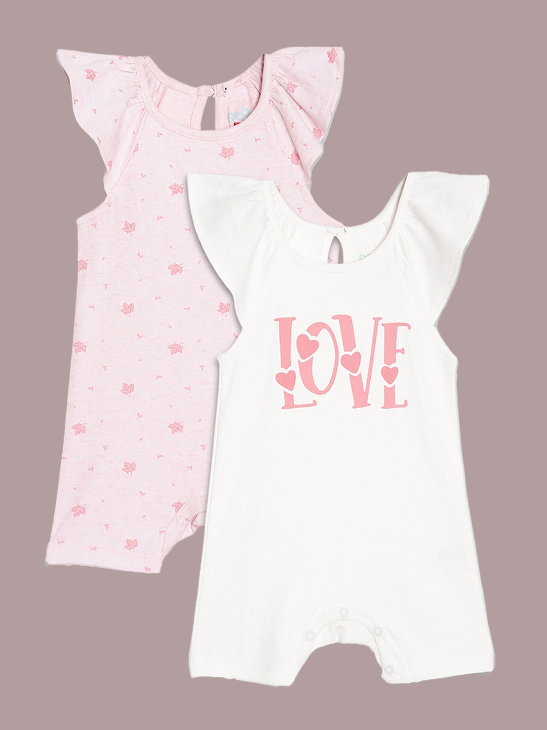 

Broon Girls Pack of 2 White & Pink Pure Organic Cotton Rompers