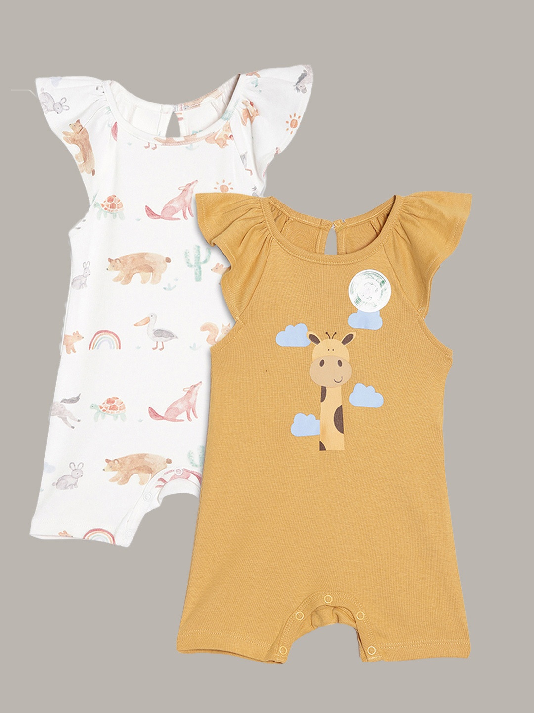 

Broon Girls Pack of 2 Off White & Mustard Pure Organic Cotton Rompers