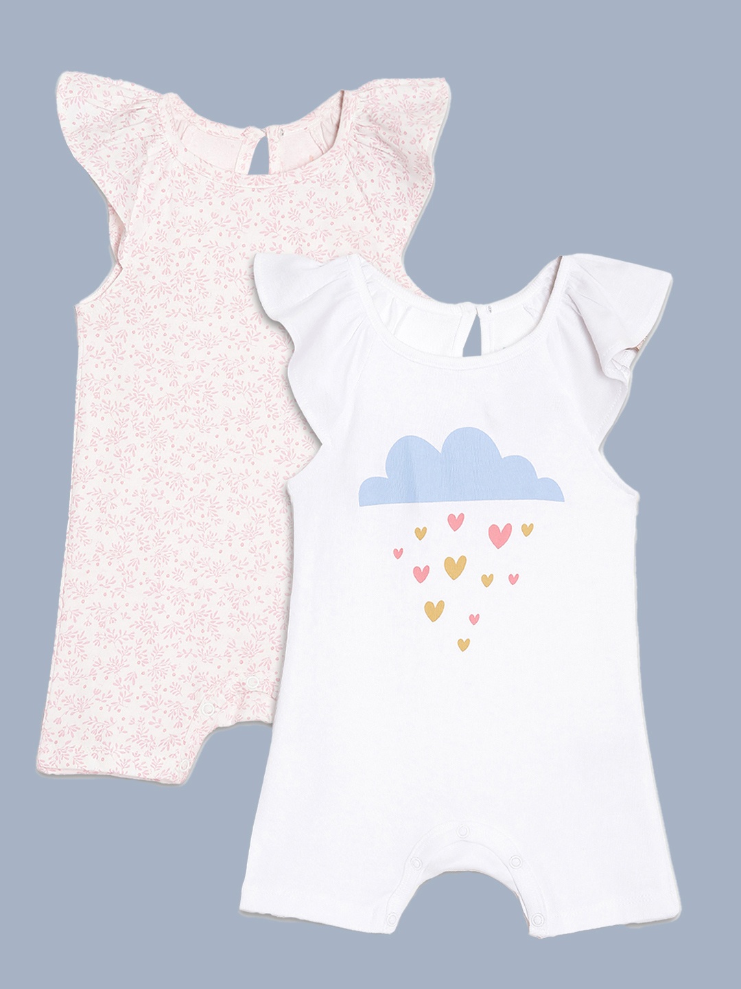 

Broon Infant Girls Pack of 2 Pink and White Printed Pure Organic Cotton Rompers