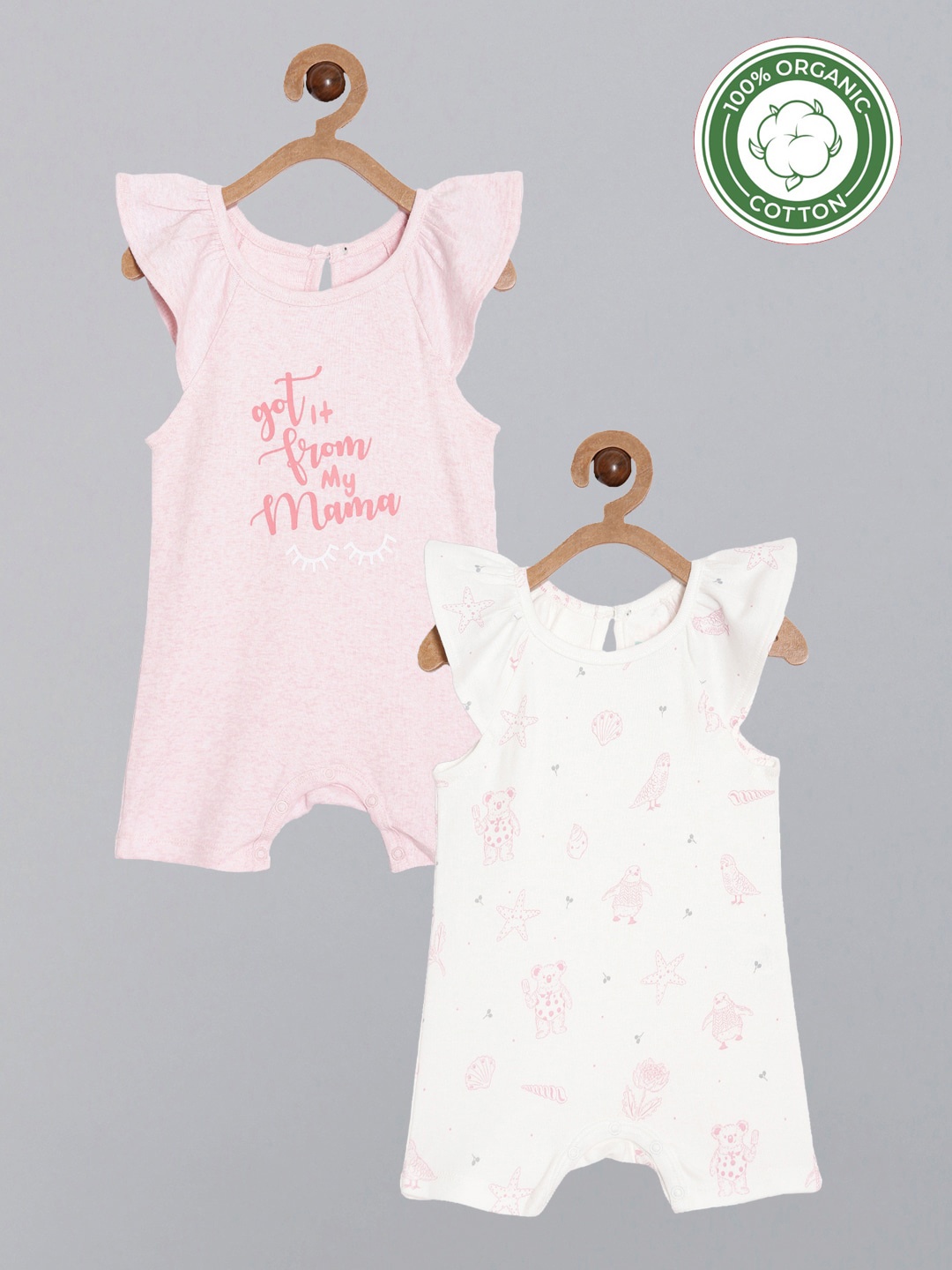 

Broon Infant Kids Set of 2 Pink and Off White Printed Organic Cotton Rompers