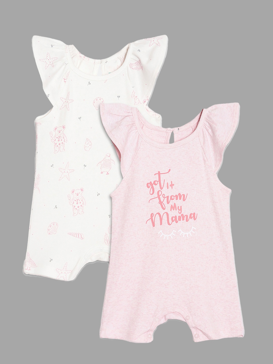 

Broon Infant Kids Set of 2 Pink and Off White Printed Organic Cotton Rompers