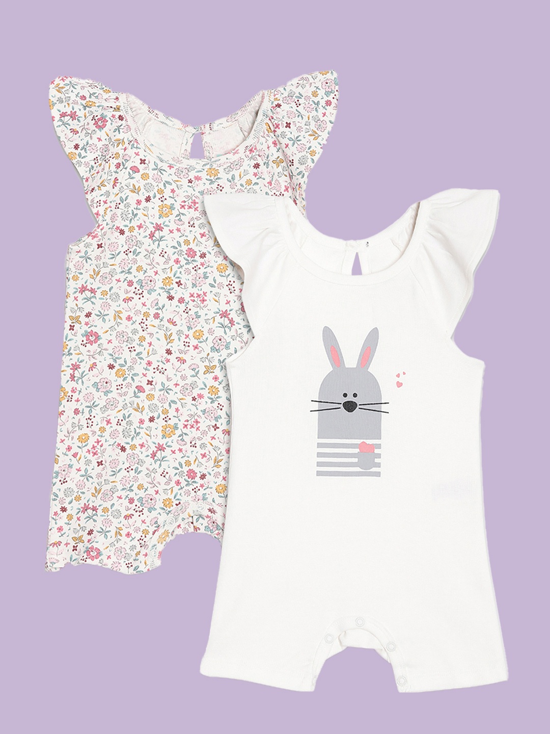 

Broon Girls Pack of 2 White & Off White Printed Pure Organic Cotton Rompers