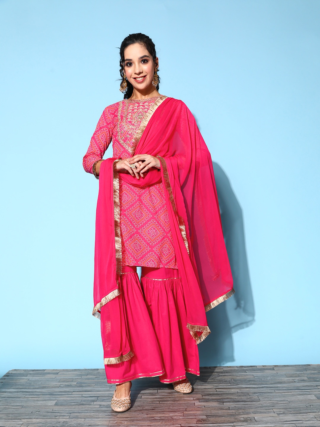

Indo Era Women Bandhani Pure Cotton Print Mix Kurta Set, Pink