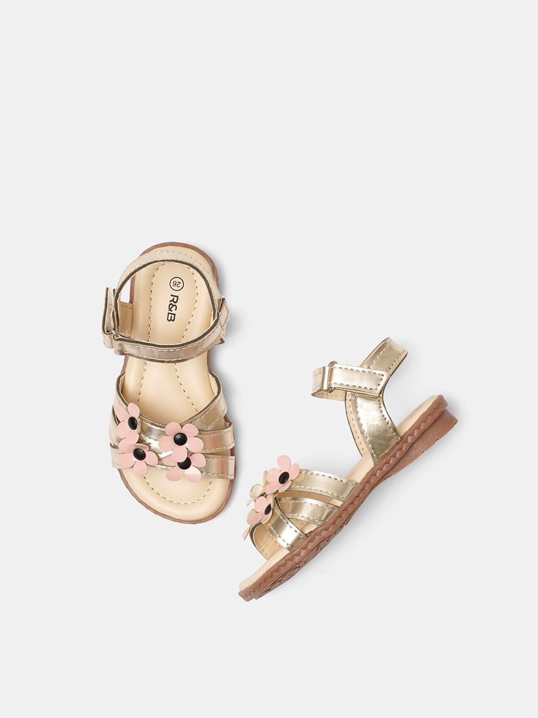 

R&B Girls Gold-Toned Open Toe Flats with Floral Applique Detail