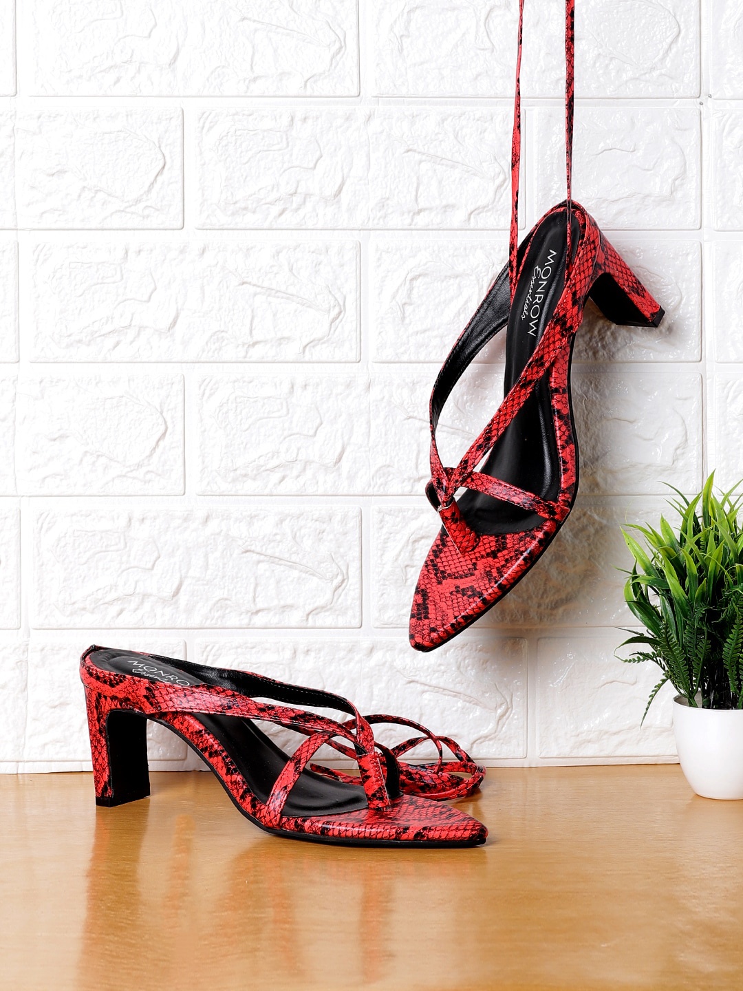 

Monrow Red Printed PU Party Block Sandals with Tassels