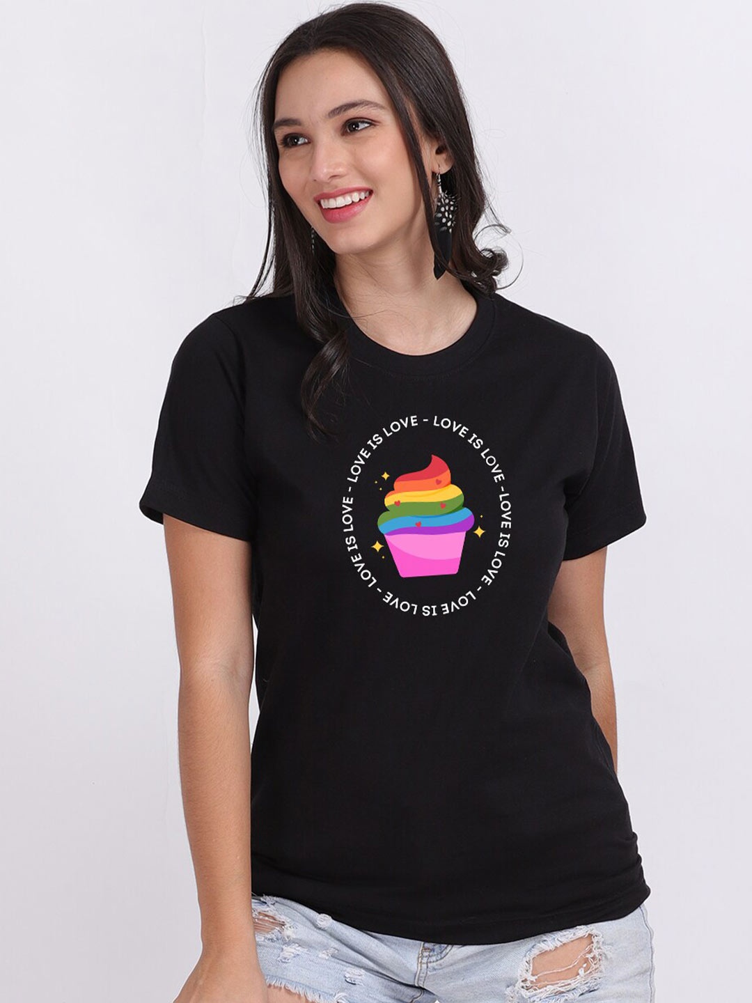 

Mad Over Print Women Black Love Is Love Typography Print T-shirt
