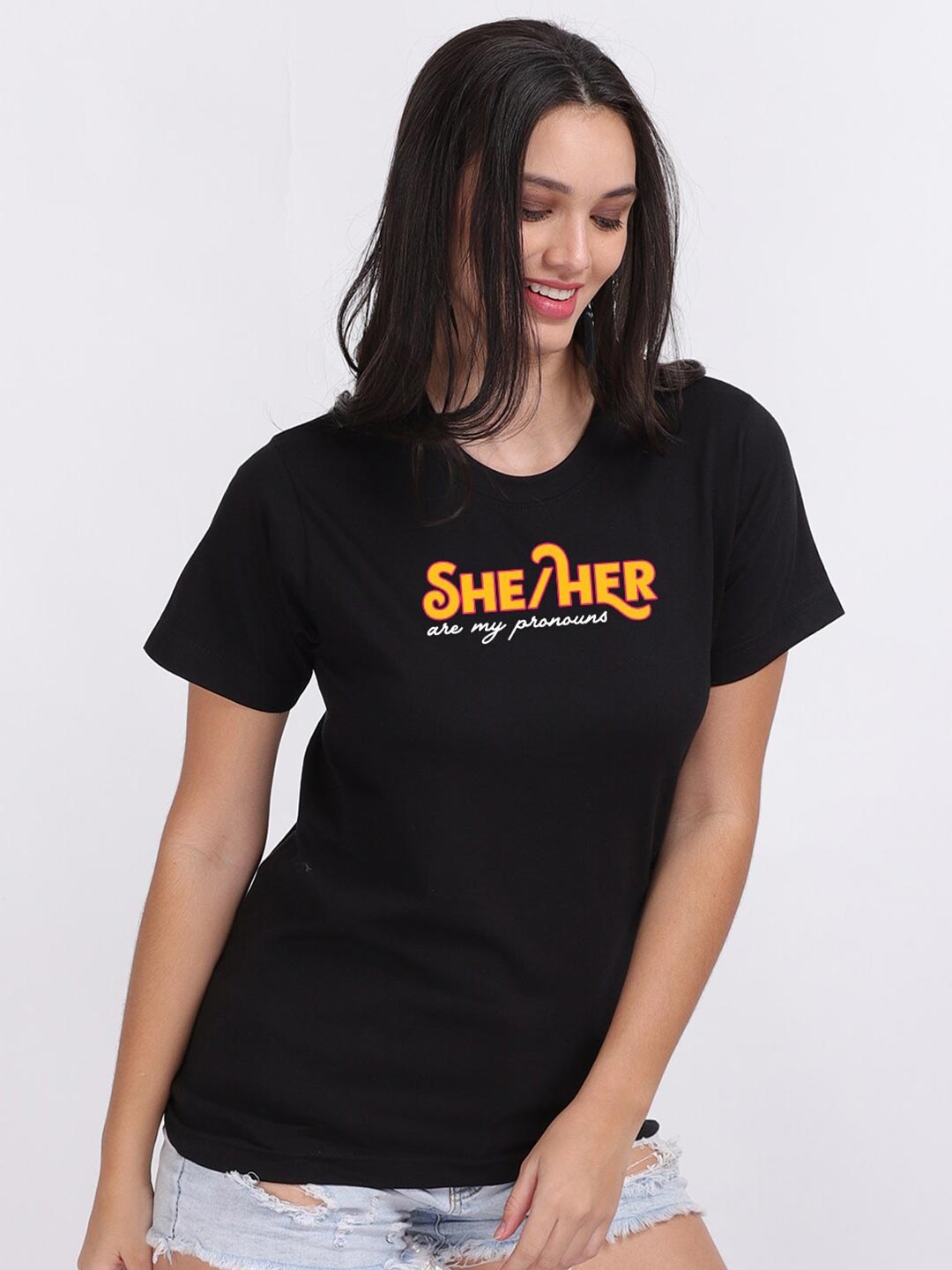

Mad Over Print Women Black Typography V-Neck Applique T-shirt