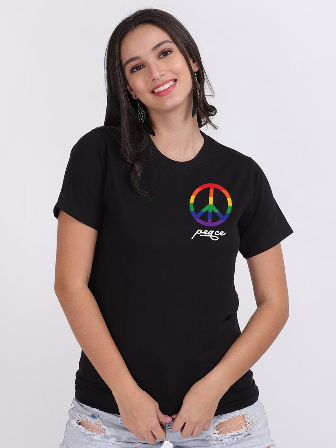 

Mad Over Print Women Black Peace Pride Typography Placement Print T-shirt
