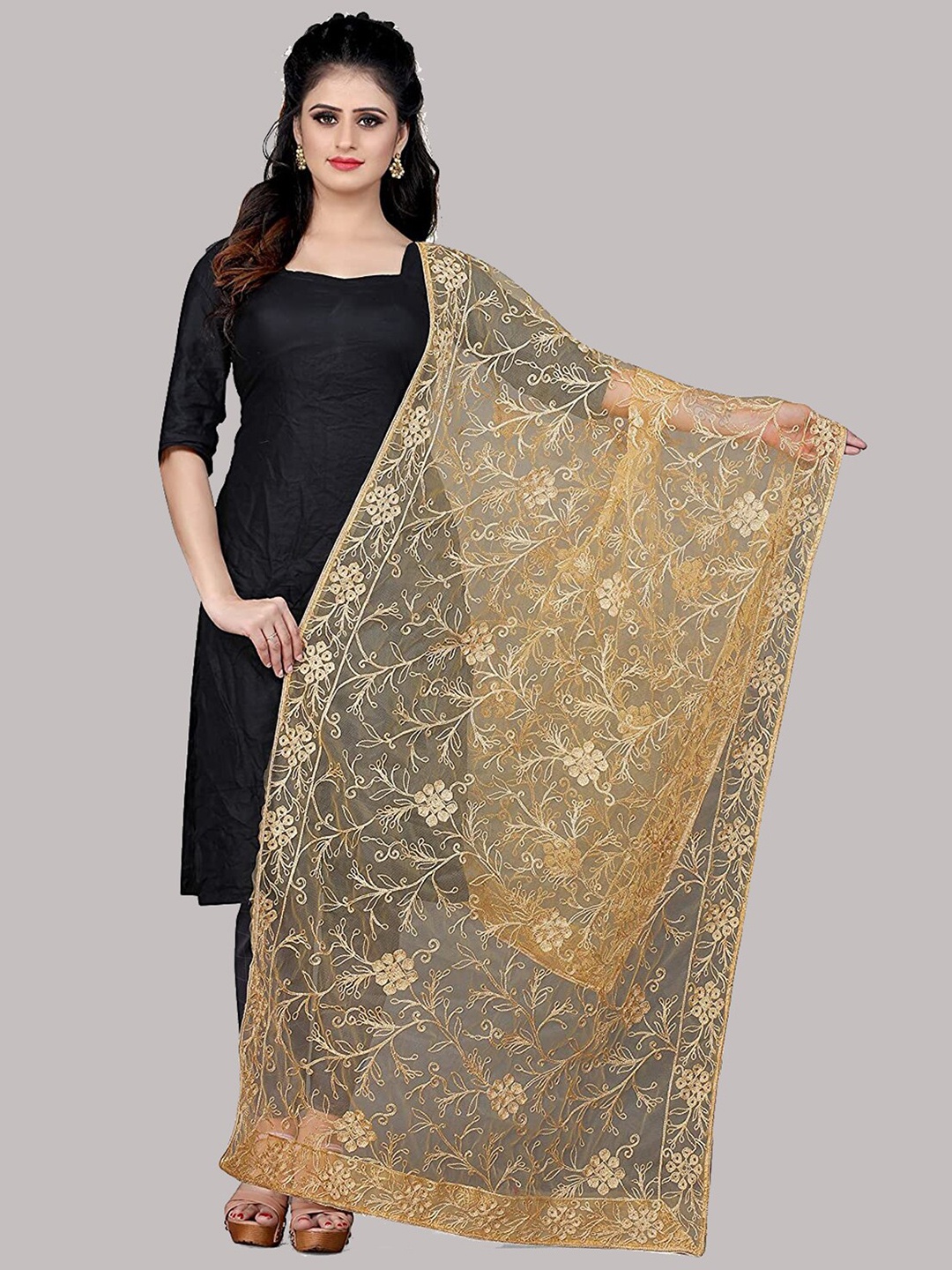 

DEETYA ARTS Gold-Toned & Orange Ethnic Motifs Embroidered Dupatta with Thread Work