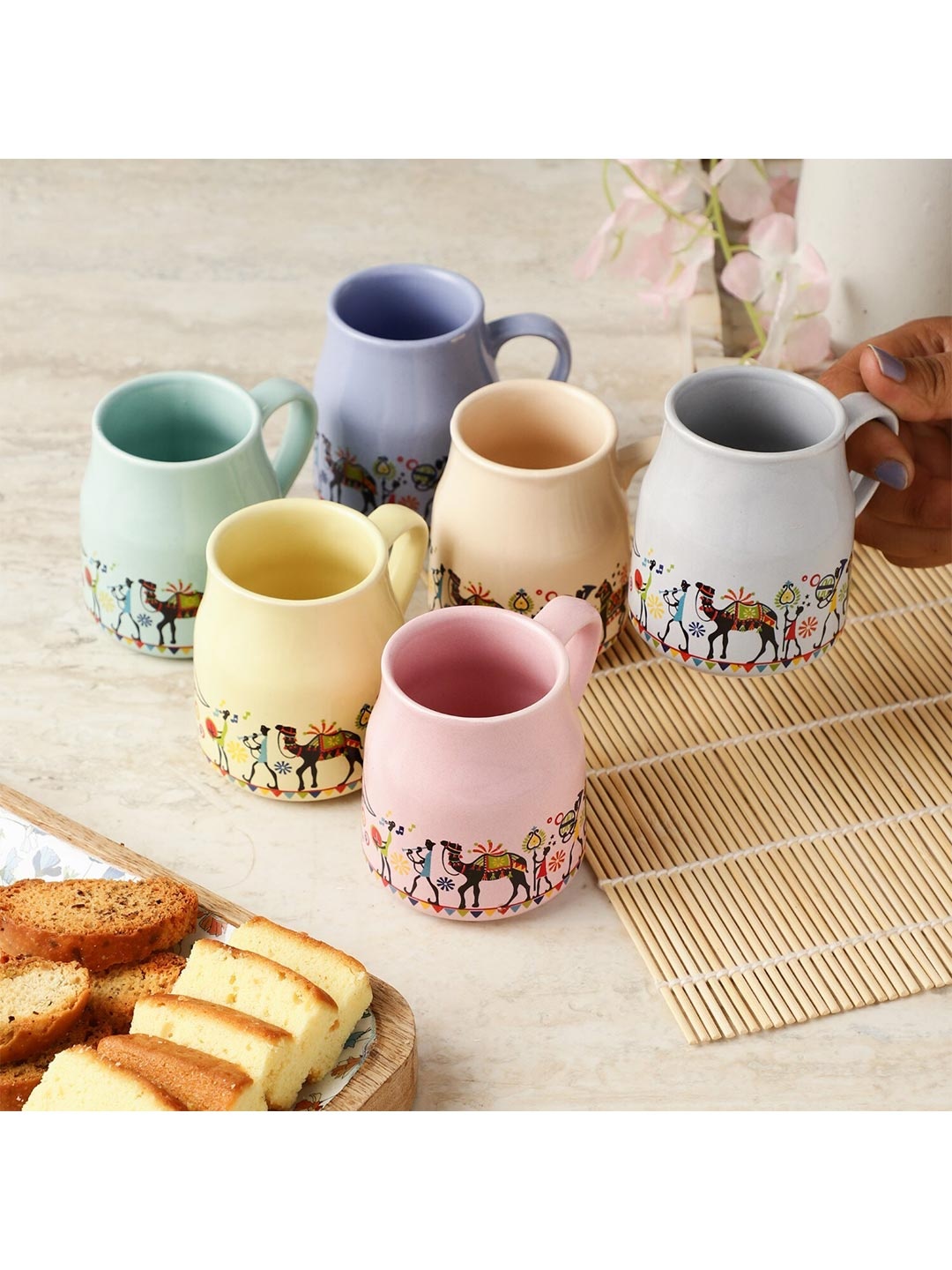 

The Decor Mart Pink & Yellow Printed Ceramic Glossy Cups Set of Cups and Mugs