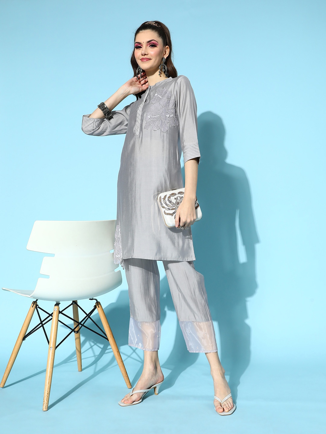

Indo Era Women Ethnic Motifs Chanderi Cotton Hyper Texture Kurta Set, Grey