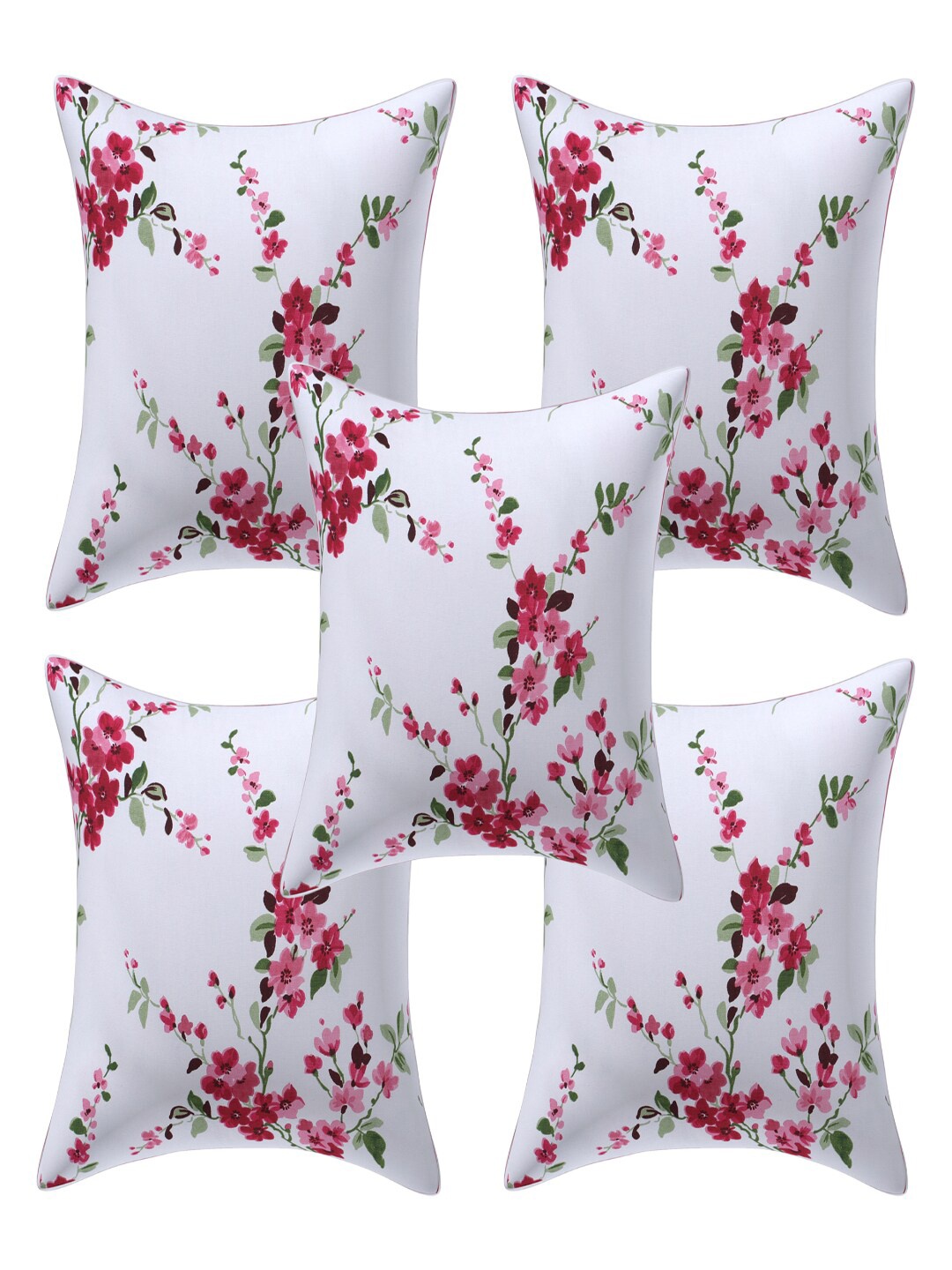 

INDHOME LIFE White & Red Set of 5 Floral Square Cushion Covers