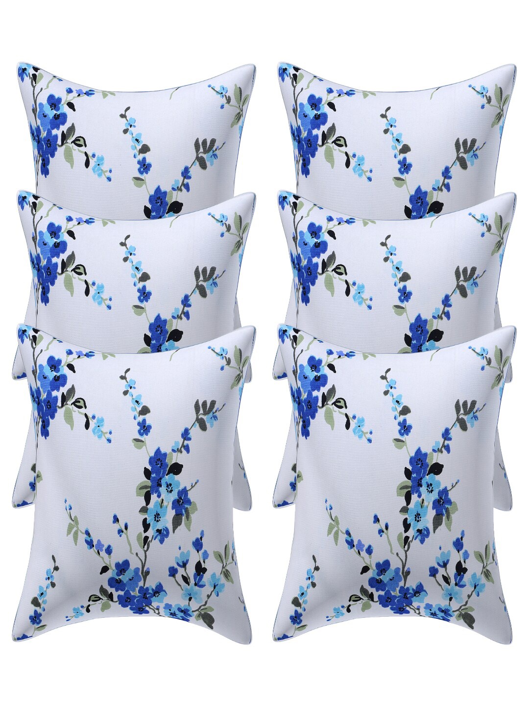

INDHOME LIFE White & Blue Set of 6 Floral Square Cushion Covers