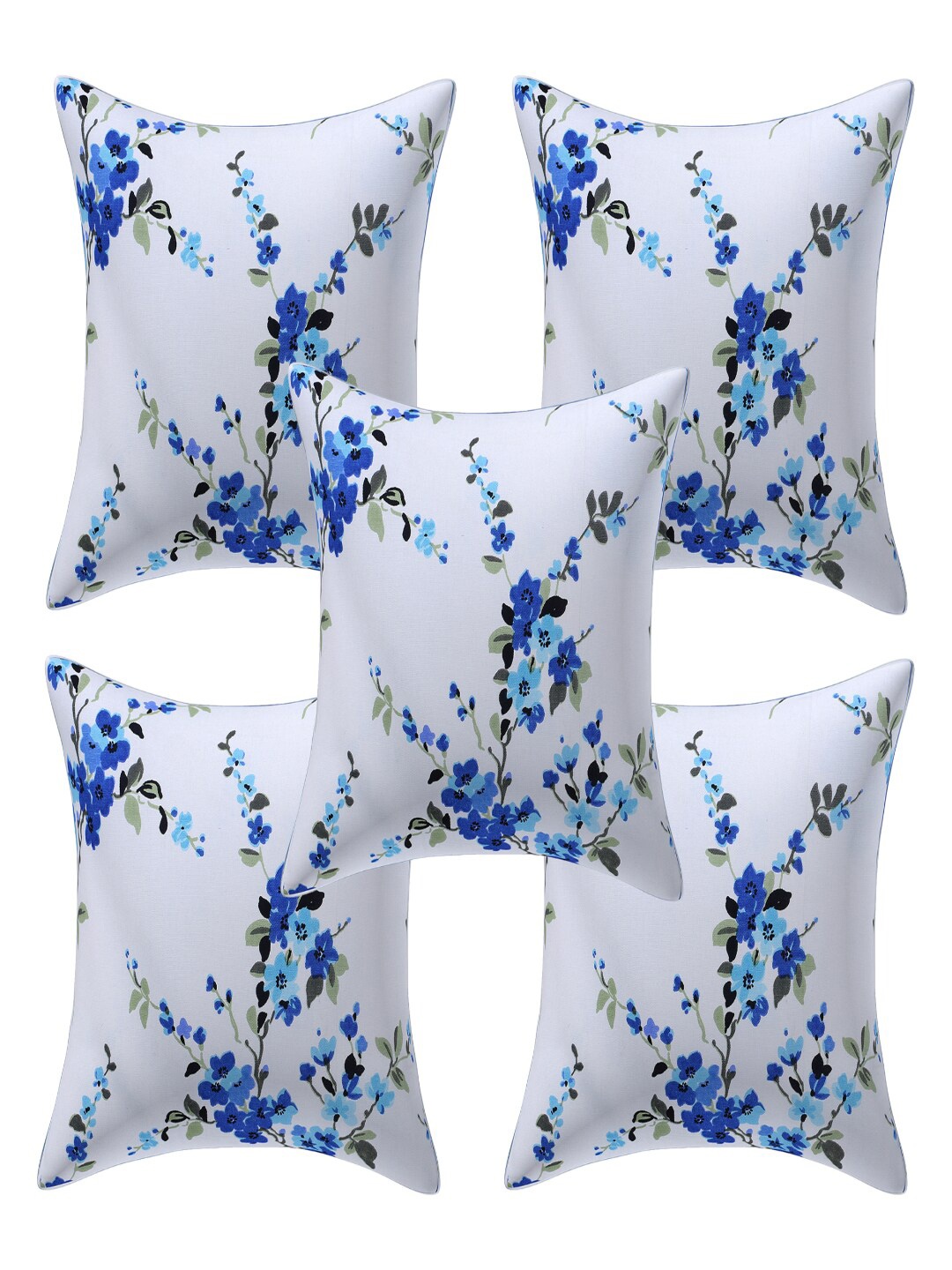 

INDHOME LIFE White & Blue Set of 5 Floral Square Cushion Covers