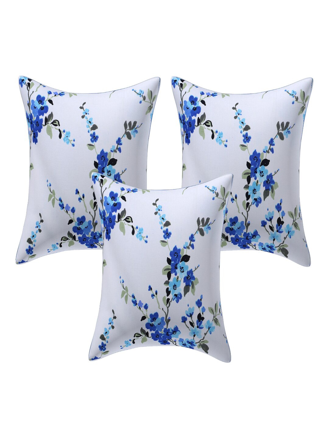 

INDHOME LIFE White & Blue Set of 3 Floral Square Cushion Covers