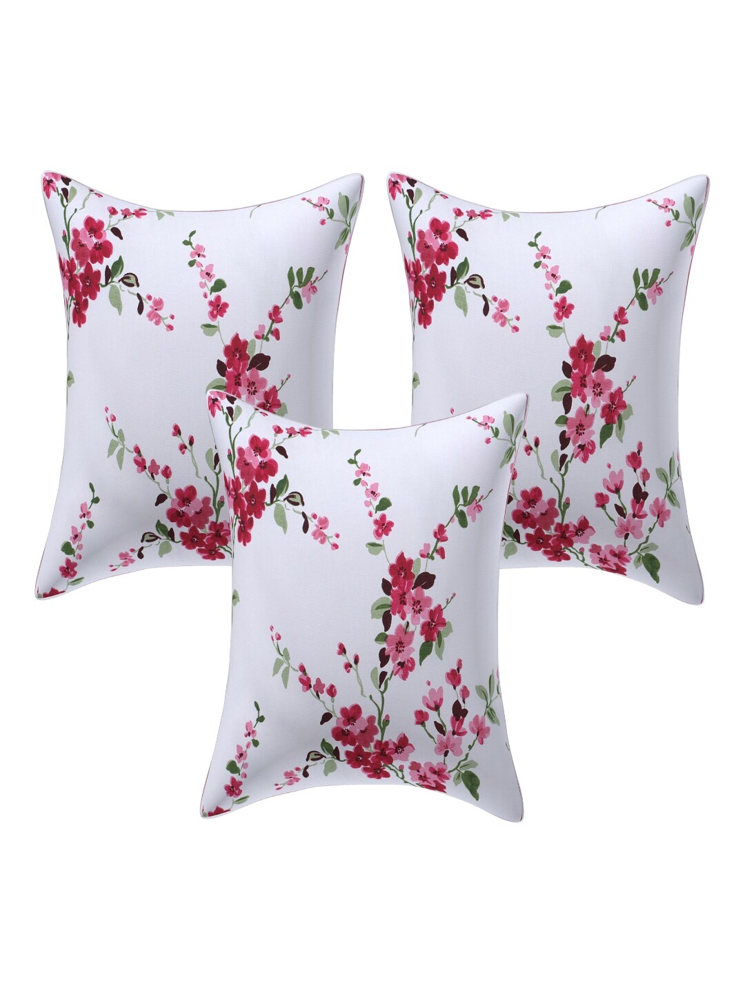 

INDHOME LIFE White & Pink Set of 3 Floral Square Cushion Covers