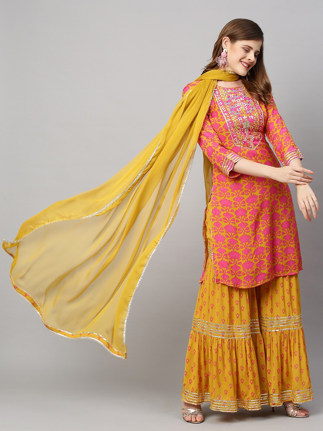 

Envy Me by FASHOR Women Mustard Yellow Embroidered Layered Gotta Patti Kurti with Trousers & With Dupatta