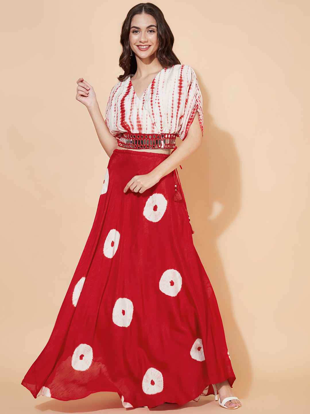 

Envy Me by FASHOR Women Off White & Red Tie & Dye Embroidered Crop Top With Skirt