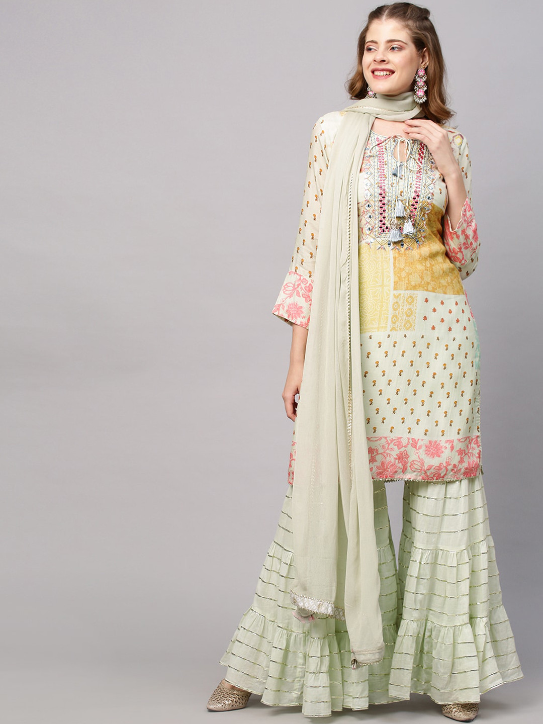 

Envy Me by FASHOR Women Green Ethnic Motifs Panelled Mirror Work Kurta with Sharara & With Dupatta