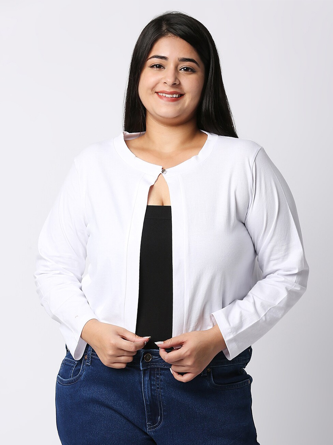 

Style Quotient Women White Solid Cotton Open Front Smart Casual Shrug