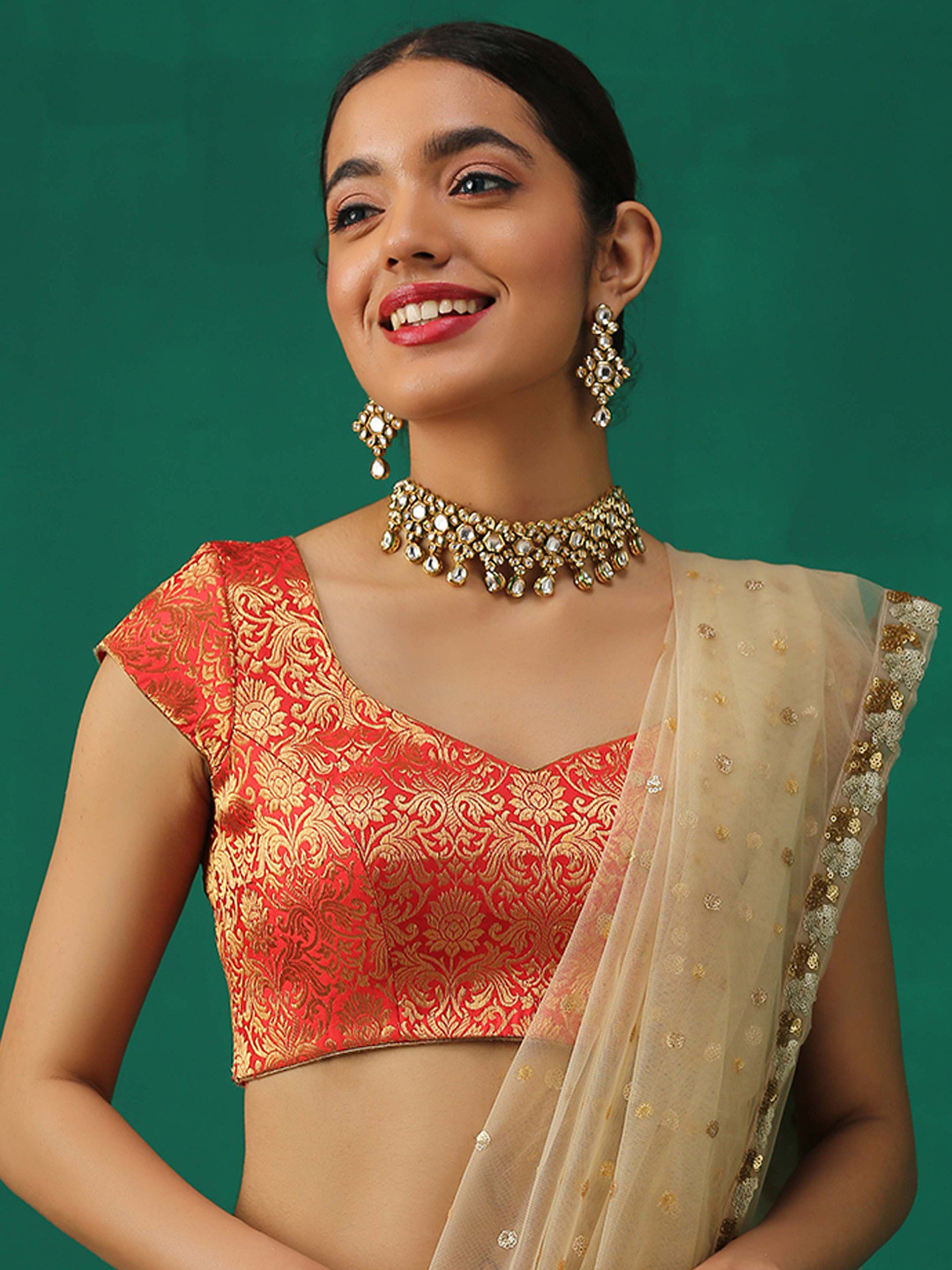 

Triyah Red & Golden Woven-Design Brocade Saree Blouse