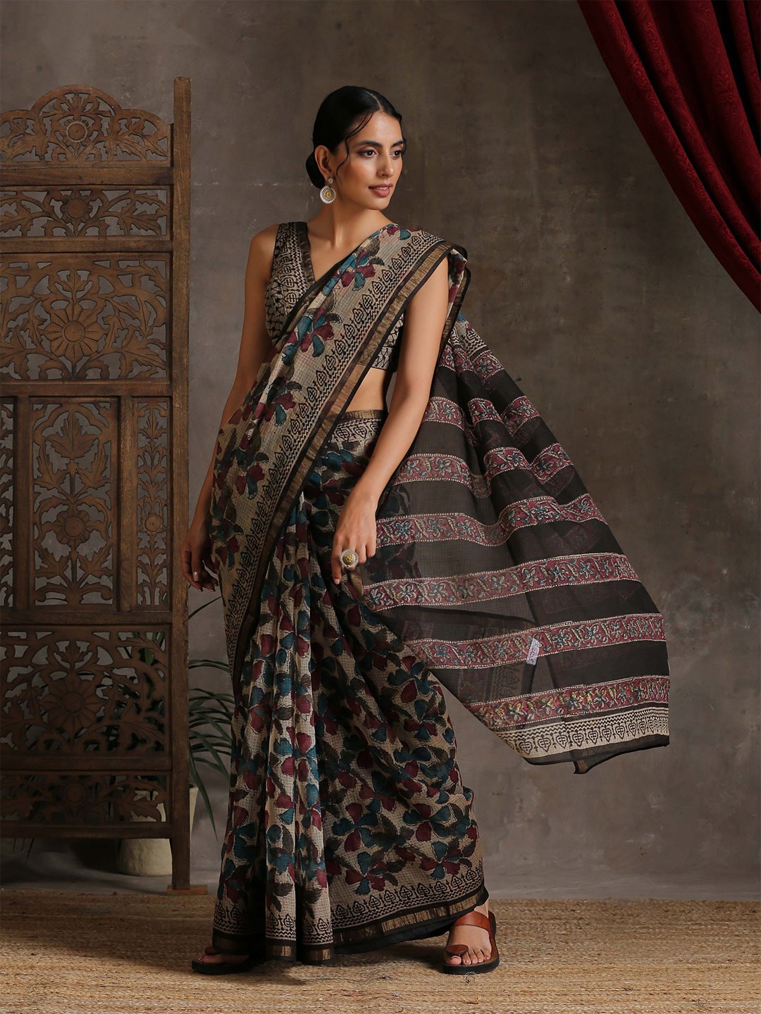 

Triyah Black & Blue Floral Zari Pure Cotton Kota Saree