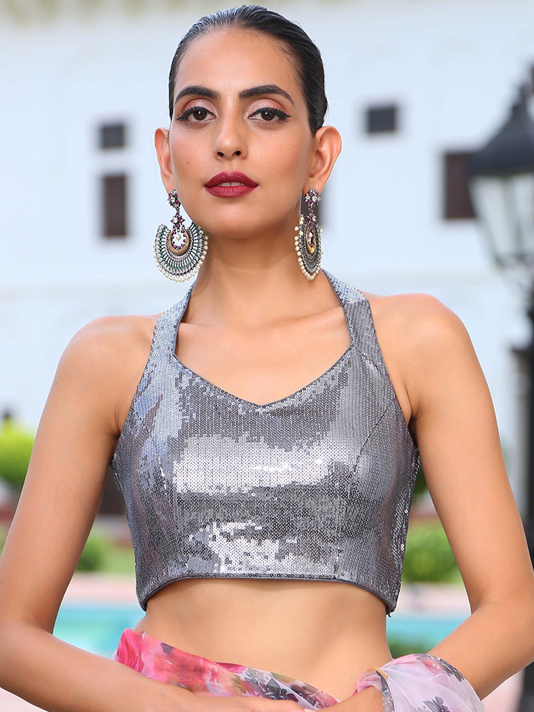 

Triyah Grey Sequinned Embellished Saree Blouse