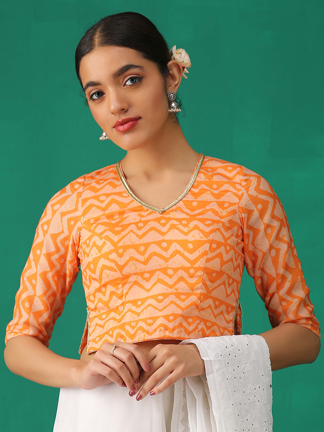 

Triyah Women Orange Batik Printed Cotton Choli Cutwork Saree Blouse