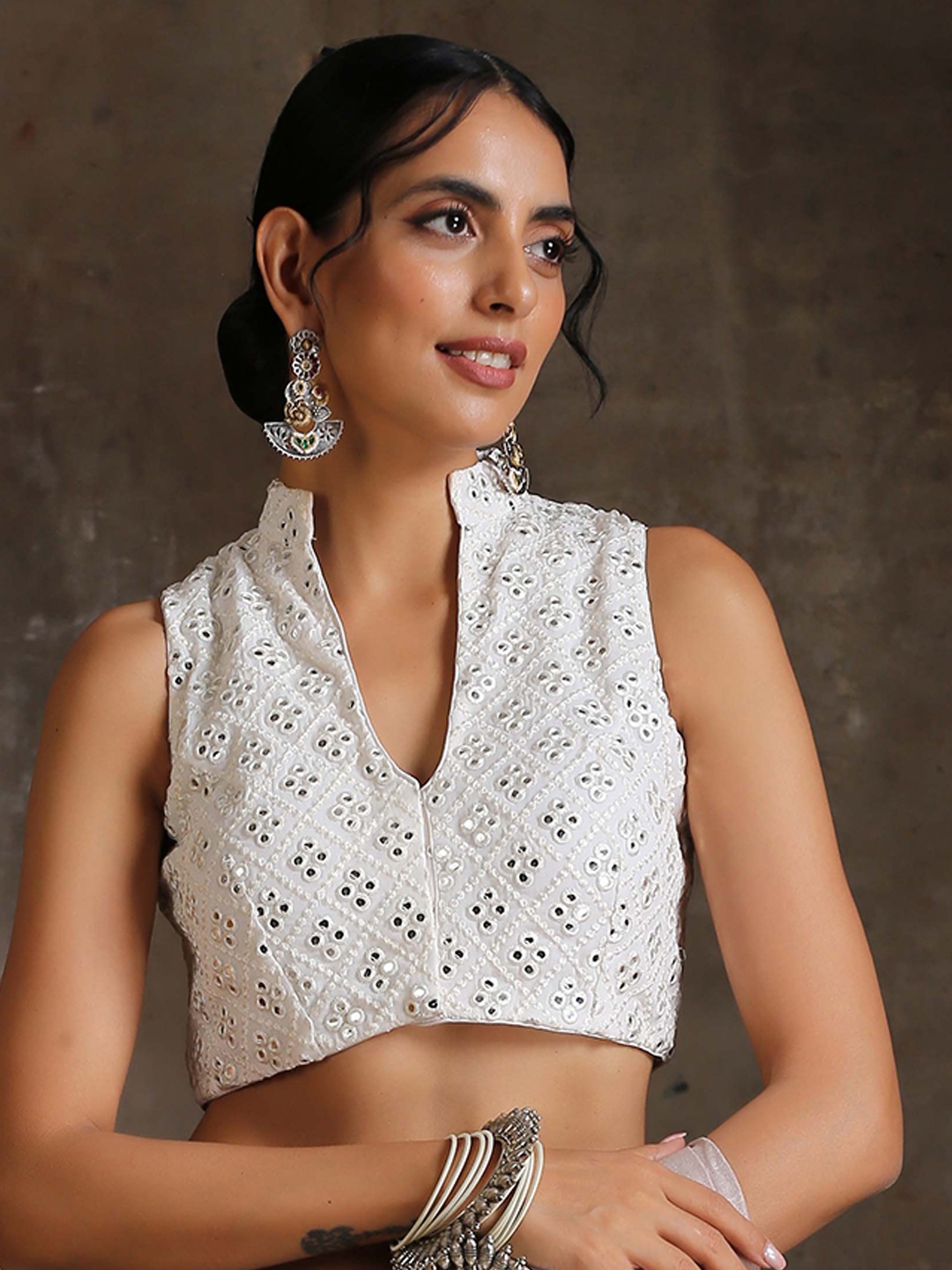 

Triyah White Mirror Work Embroidered Saree Blouse
