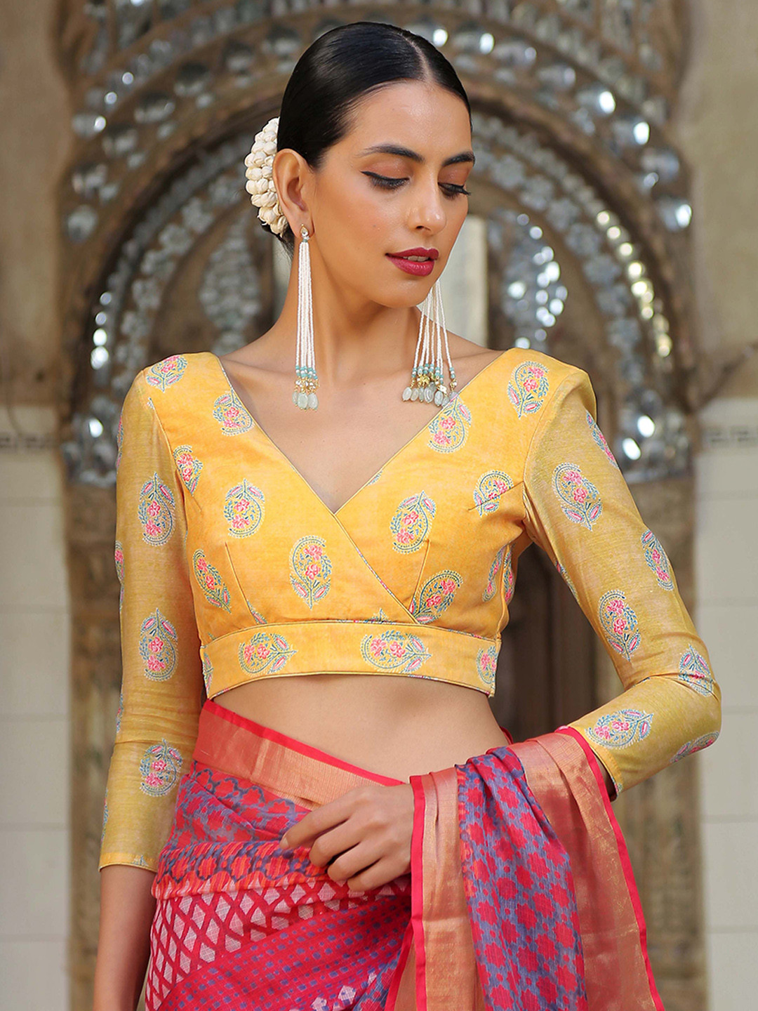 

Triyah Women Yellow & Green Printed Readymade Saree Blouse