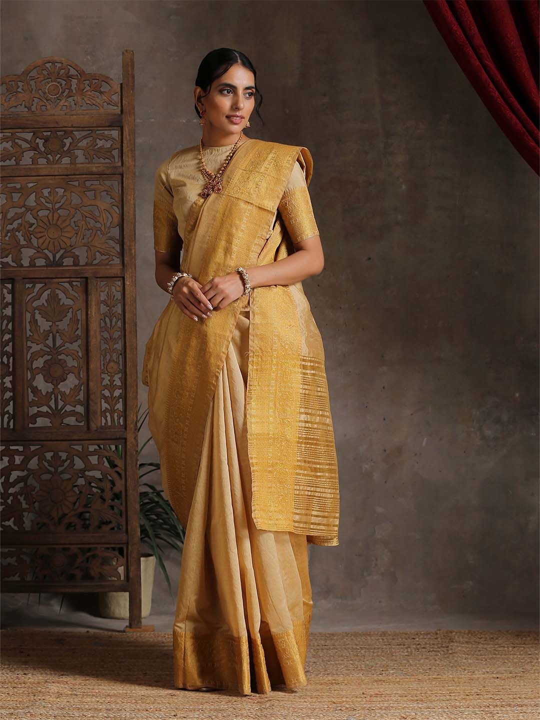 

Triyah Yellow Zari Silk Blend Saree