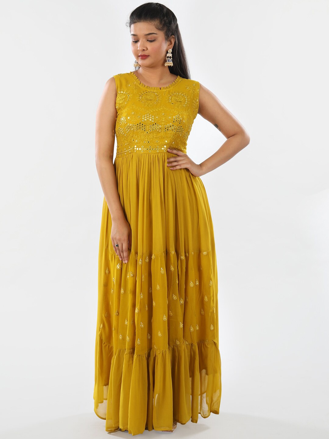 

taruni Women Mustard Yellow Embellished Mirror Work Georgette Kurta