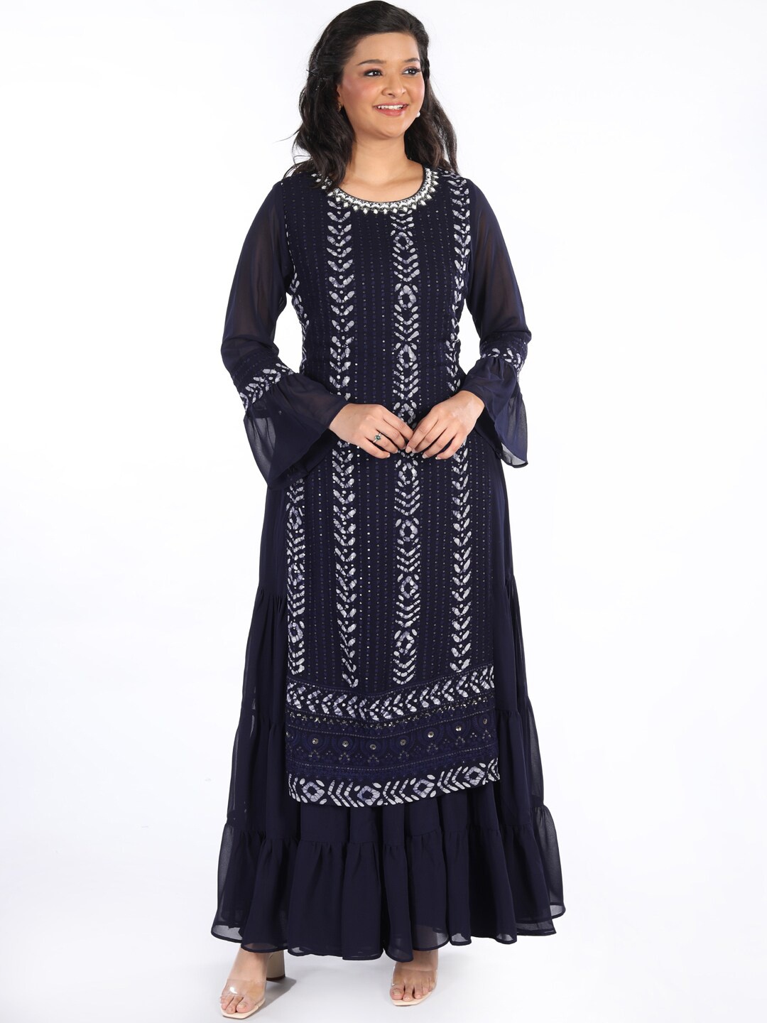 

taruni Women Navy Blue & White Ethnic Motifs Printed Bell Sleeves Georgette Kurta